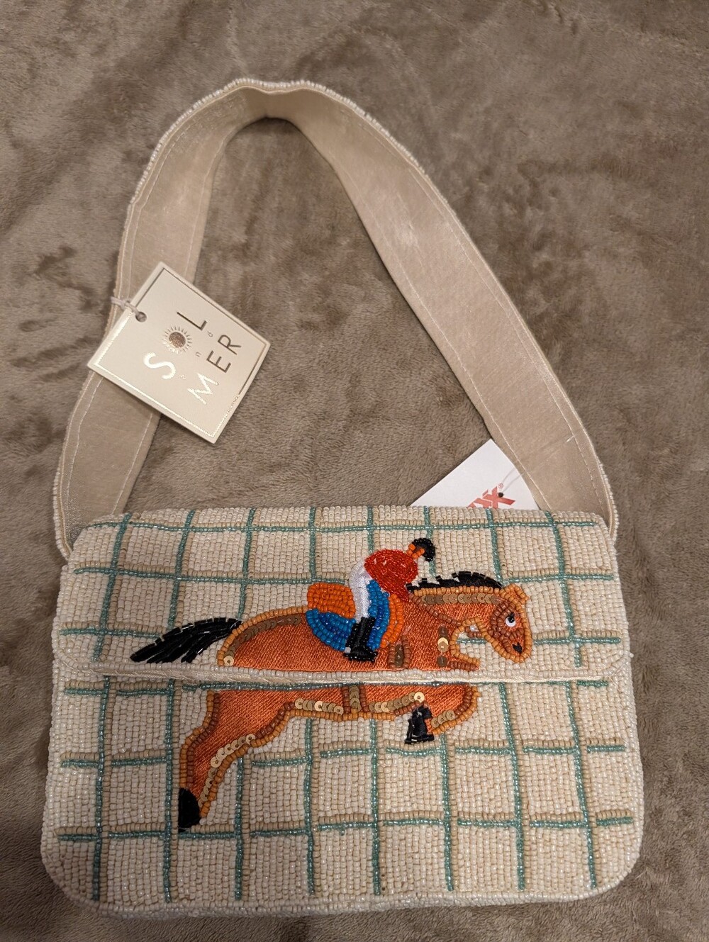 Beige Beaded Equestrian Crossbody Bag